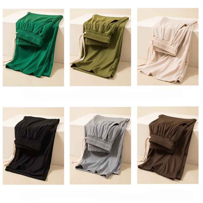 Women's Chic Solid Color Straight Pants With Pockets Elastic Waist Drawstring Wide Leg Trousers Casual Loose Pants Casual Lounge Yoga Pants