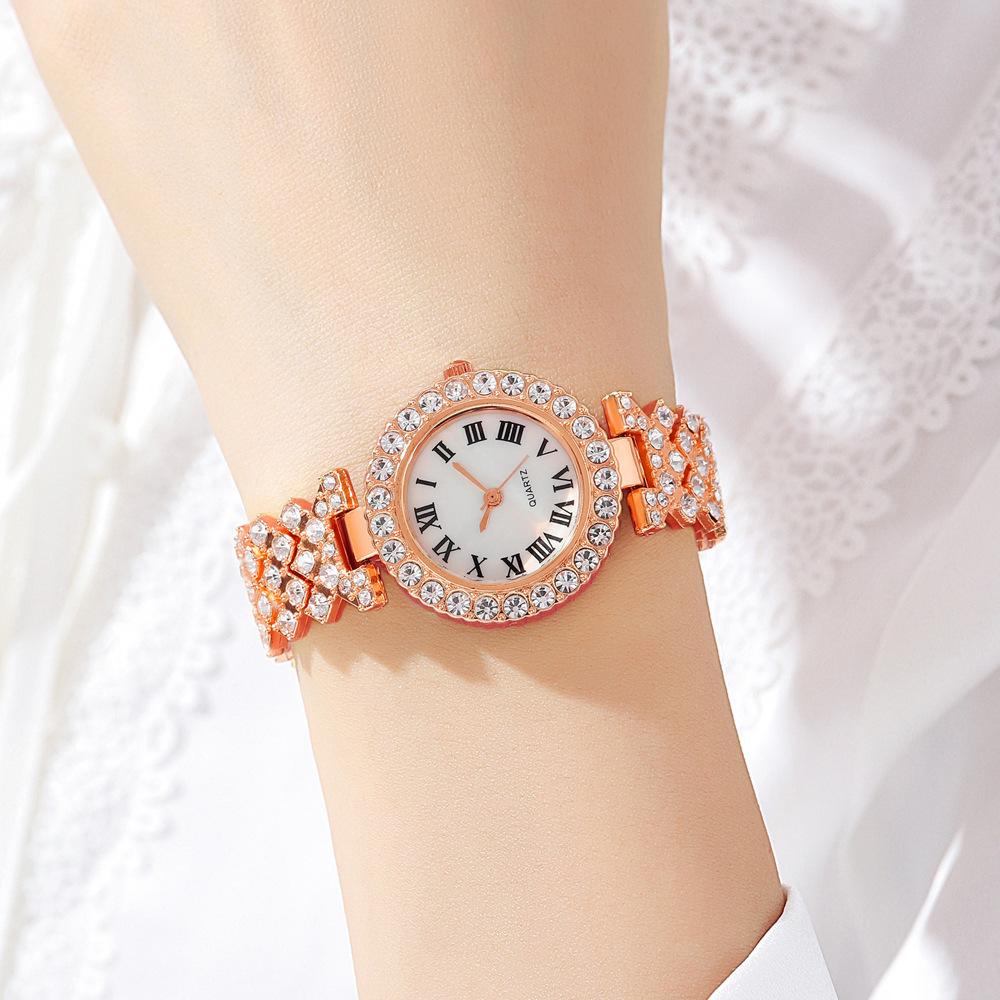 Trendy Unisex Roman Pattern Necklace Diamond Bracelet Fashion 6PCS Quartz Watch Women's Watch Earrings Crystal Ring Women Watch Set