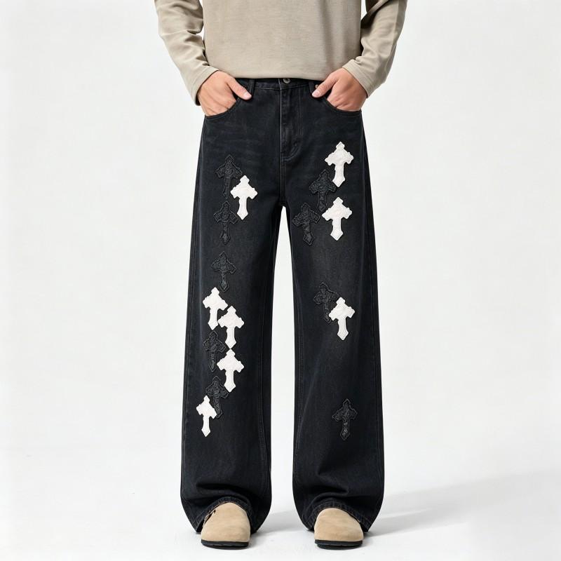 Men Women Unisex Straight Fit Denim Jeans Light Wash Distressed Hand Painted Casual Streetwear Low Rise