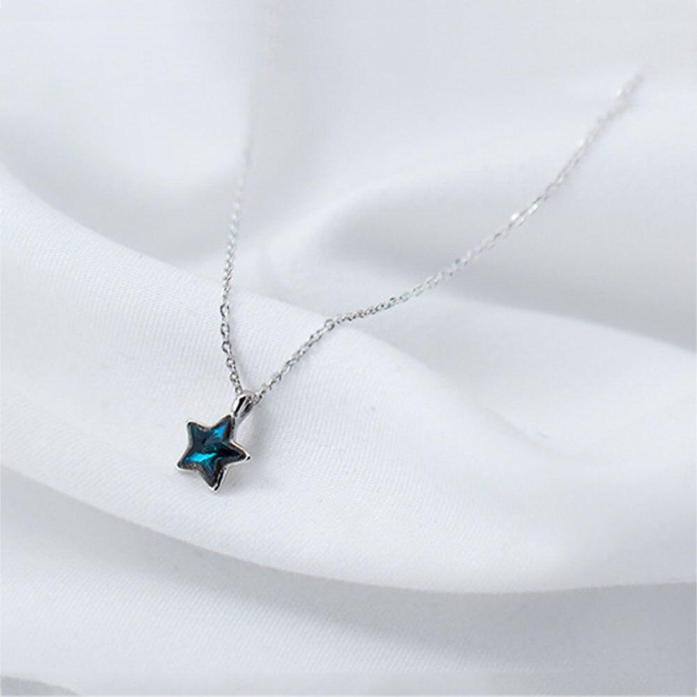 New 925 Sterling Silver Women Necklace Blue Crystal Five-pointed Star Pendant Fashion Small Fresh Clavicle Chain Jewelry Gift