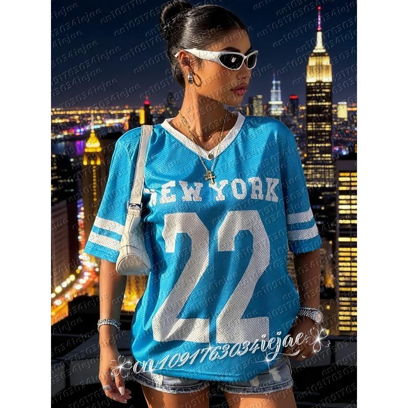 2026 Blue No.22 Printed T-Shirt for Women Kid Summer V-Neck Short Sleeve Sports Football Jersey Casual Loose Oversized Tops
