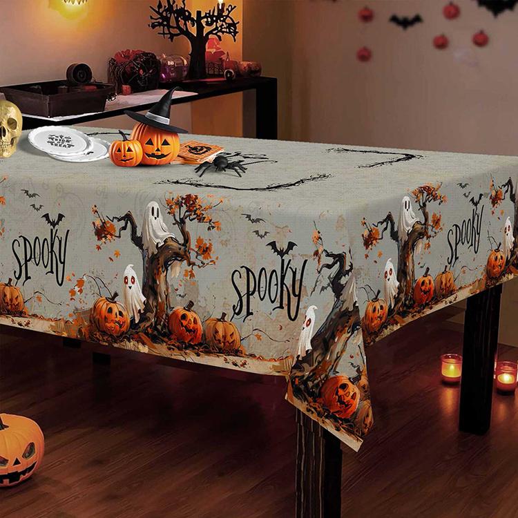 Halloween Tablecloth 152cm Width Rectangular, Spooky Ghost Pumpkin Branch Print for Halloween Dinner Party Decor
