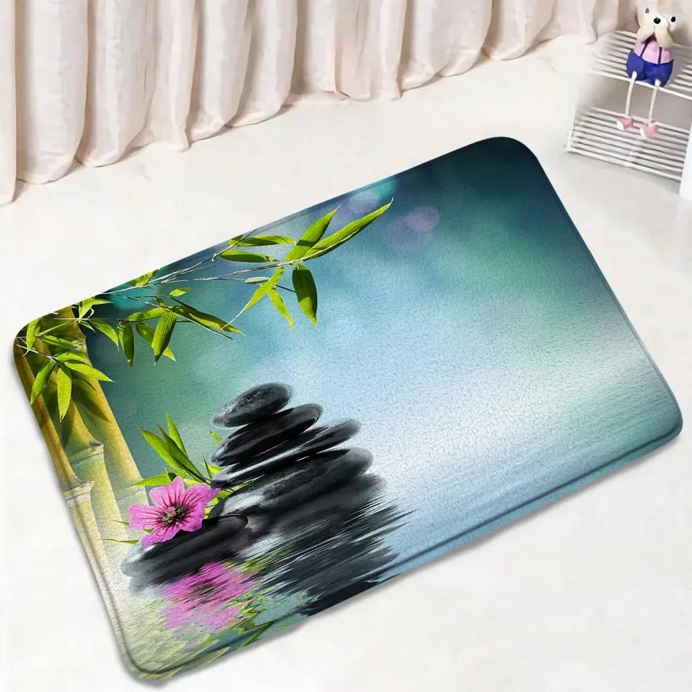 Zen Green Bamboo Bath Mat Set Natural Orchid Flower Black Stone Plant Home Carpet Bathroom Decorative Floor Rug Toilet Lid Cover