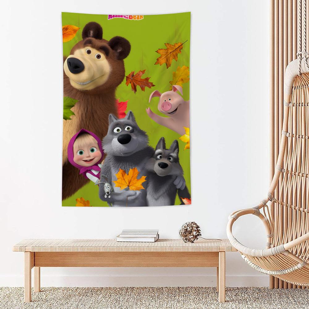 Cartoon MMasha And The Bear Tapestry Microfiber Wall Hanging For Bedroom Living Room Decor Outdoor Festival Bar Background