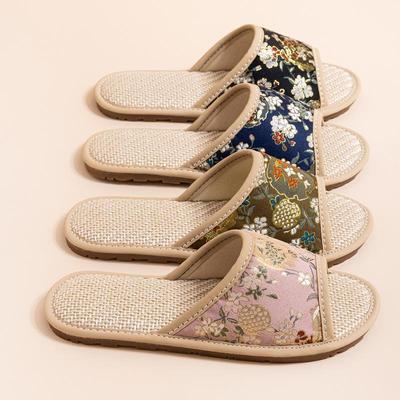 Женские летние льняные тапочки 2024 года — вышитый китайский стиль, нескользящая подошва из коровьей кожи, открытый носок для помещений