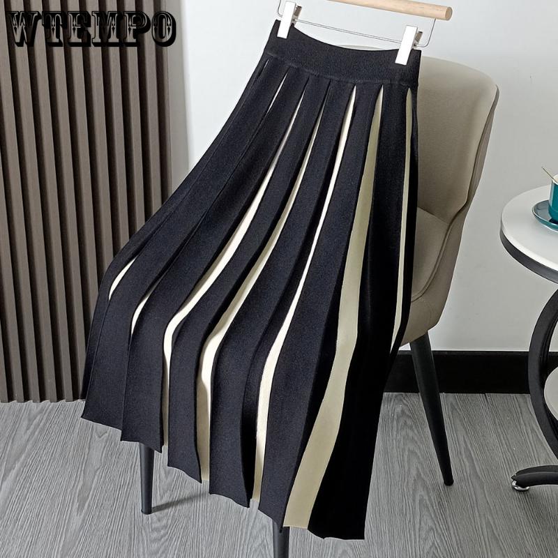 2023 Женская вязаная юбка до половины тела, женская темпераментная высокая талия, цвет по буквам, длинная плиссированная юбка с абзацем