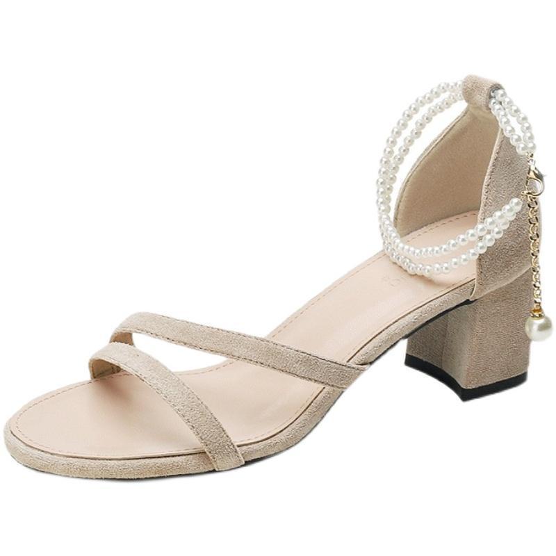 2025 new skirt fairy style bridesmaid shoes French pearl sandals women's summer low-heeled large-size thick-heeled high-heeled shoes