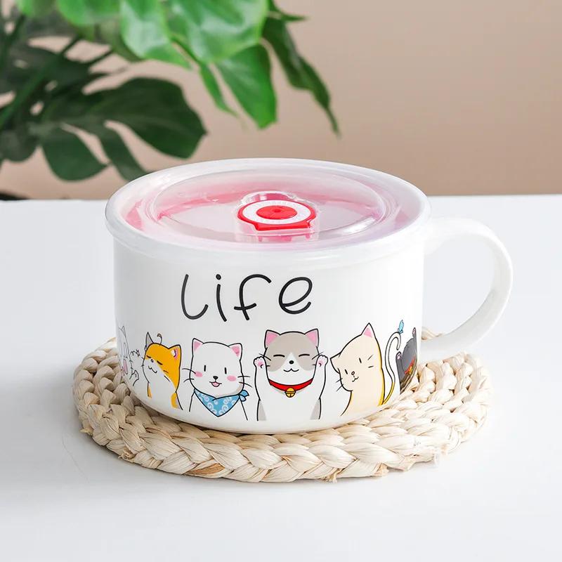 Cartoon Ceramic Instant Noodle Bowl Sealed Leakproof Soup Bowls for Student Office Meal Prep Food Containers Kitchen Tableware