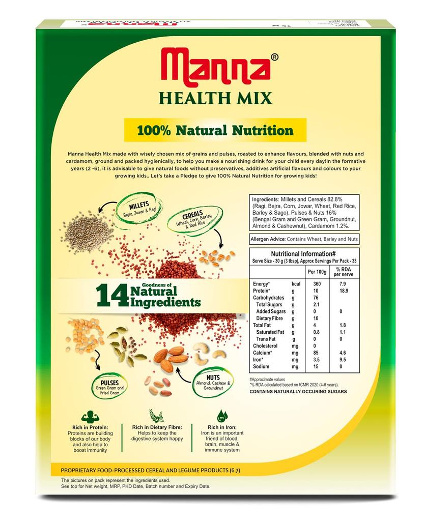 Manna Health Mix 325g, All Natural Nutrition Drink, with 14 ingredients, Zero Sugar.