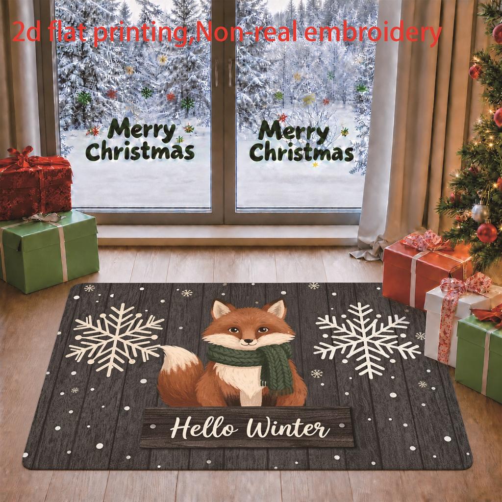 1pc, 2D Flat Printing, Christmas Fox Snowflake "Hello Winter" Winter-Themed Entrance Doormat | Non-Slip Machine Washable Polyester | Suitable for Entr