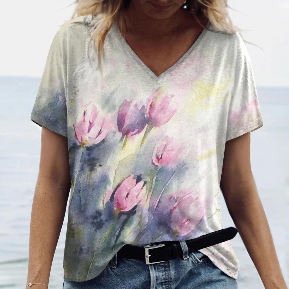 Beautiful Tulip Print 3D Printed Women's Artistic Style V-neck Short Sleeved T-shirt