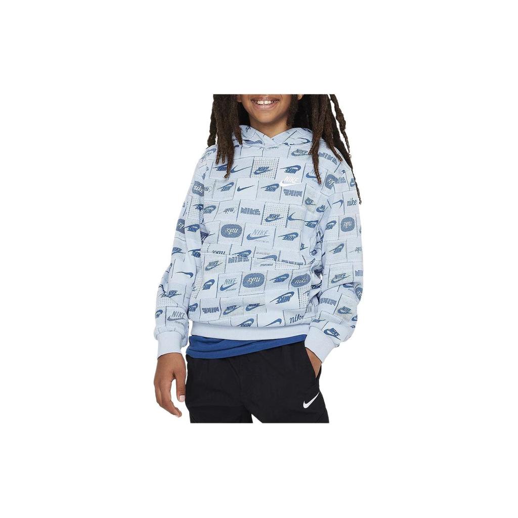 Nike Hoodie All Over Print Design Thin Fleece Loose Fit Long Sleeve Kids Hoodies Blue FN8741-440