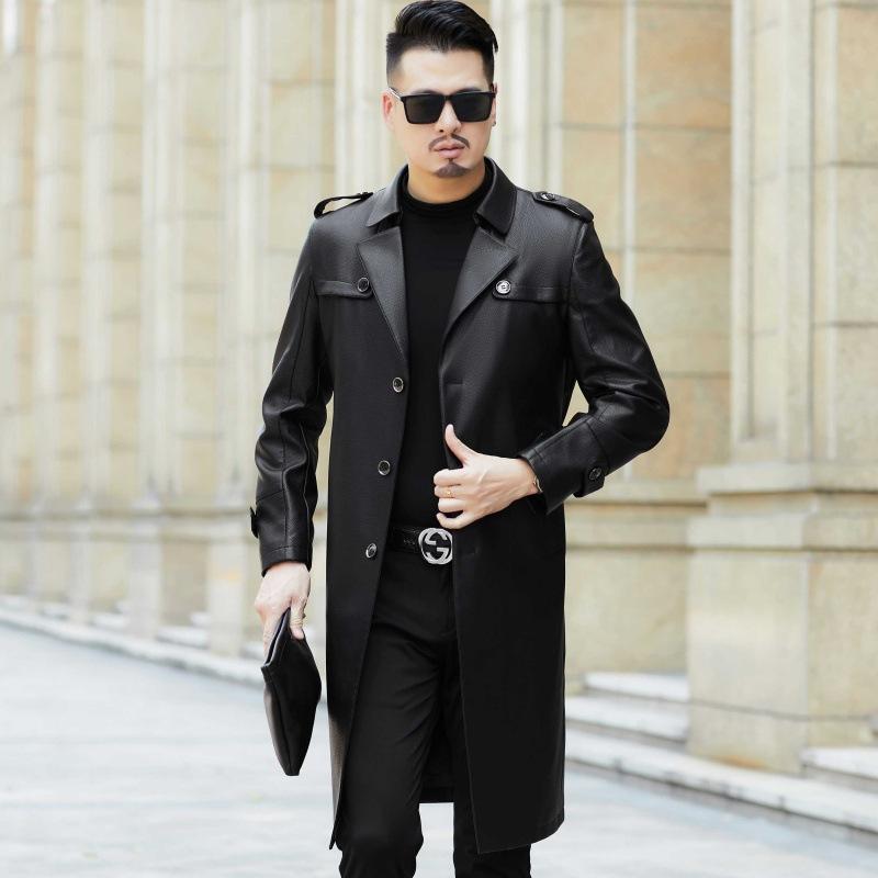 Осенняя длинная кожаная ветровка мужская дубленка пальто длиной до колена деловое повседневное пальто для людей среднего возраста с воротником кожаное пальто