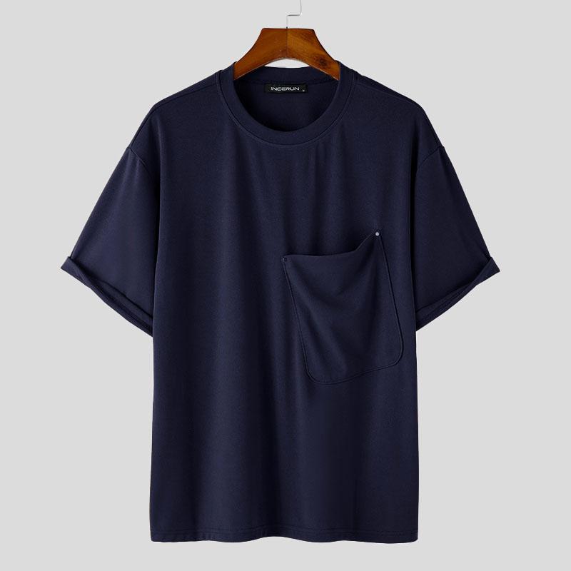 INCERUN Мужская дизайнерская простая однотонная футболка с короткими рукавами и большим карманом