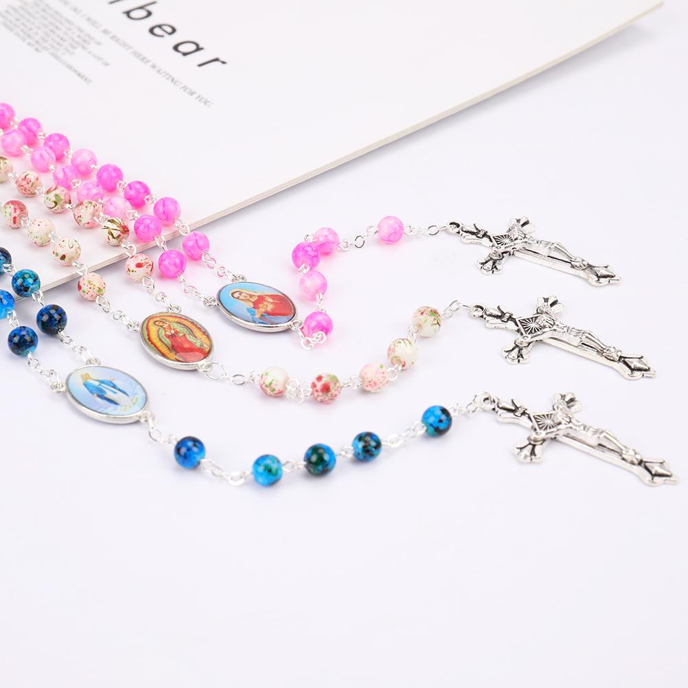 Католические четки маленького размера, круглые синие стеклянные бусины, ожерелье с изображением Девы Марии и Иисуса