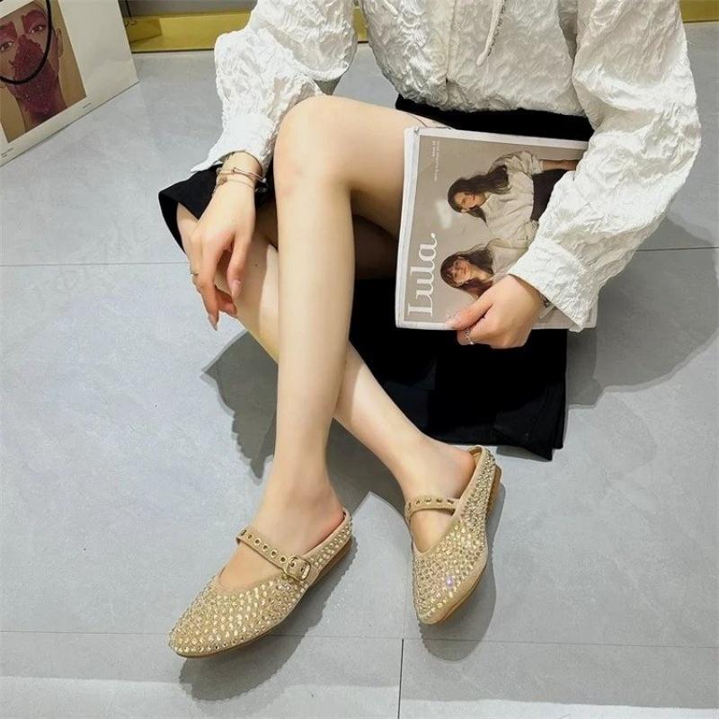 Fashion Vintage Rhindiamonds Soft Bottom Mary Jane Baotou Half Slippers Women 2025 New Spring Wear Lazy Sandals