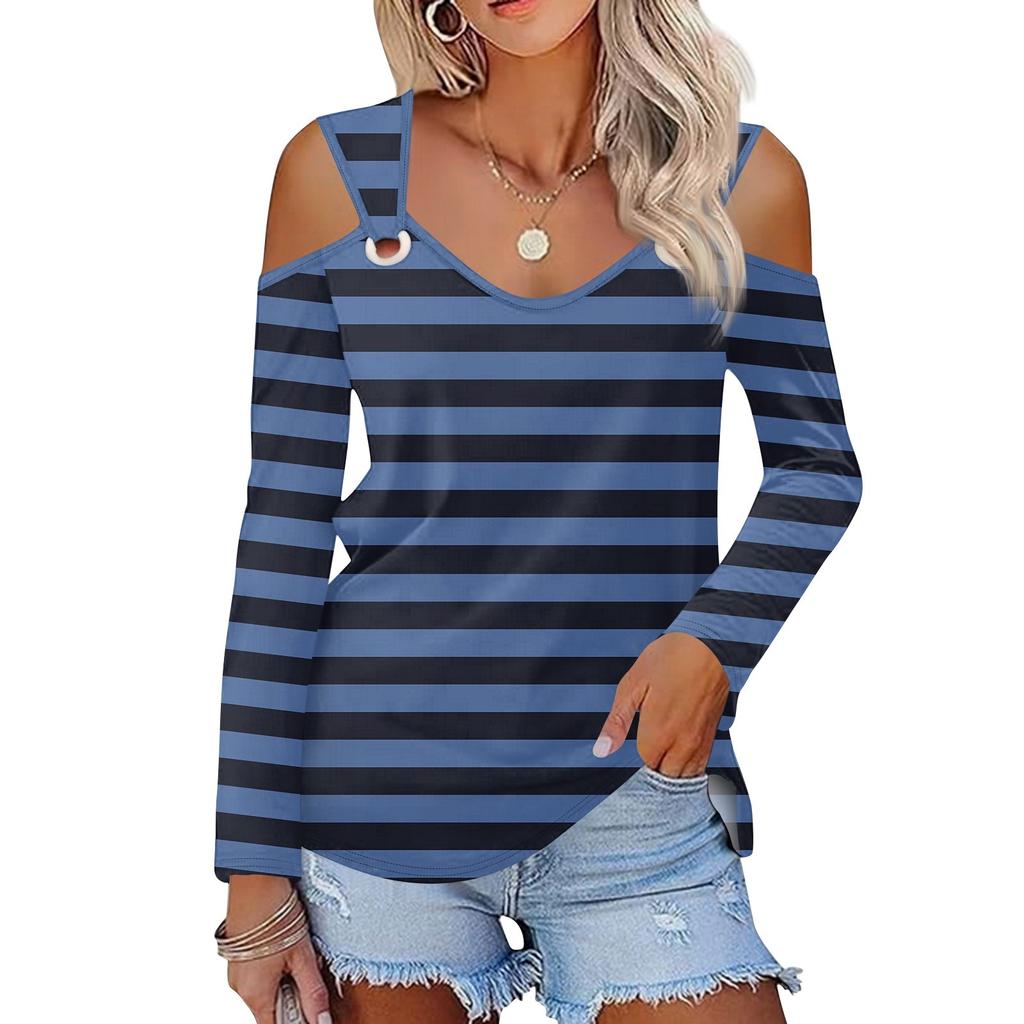 Женская повседневная рубашка-блузка с принтом, V-образным вырезом, сексуальным открытыми плечами, длинным рукавом