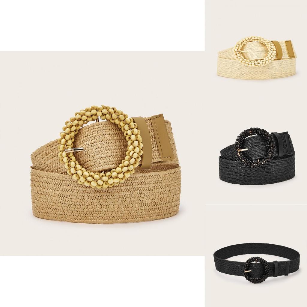 Simple Solid Color Bead Ring Buckle Decoration Women Woven Belt For Casual Ethnic Wear