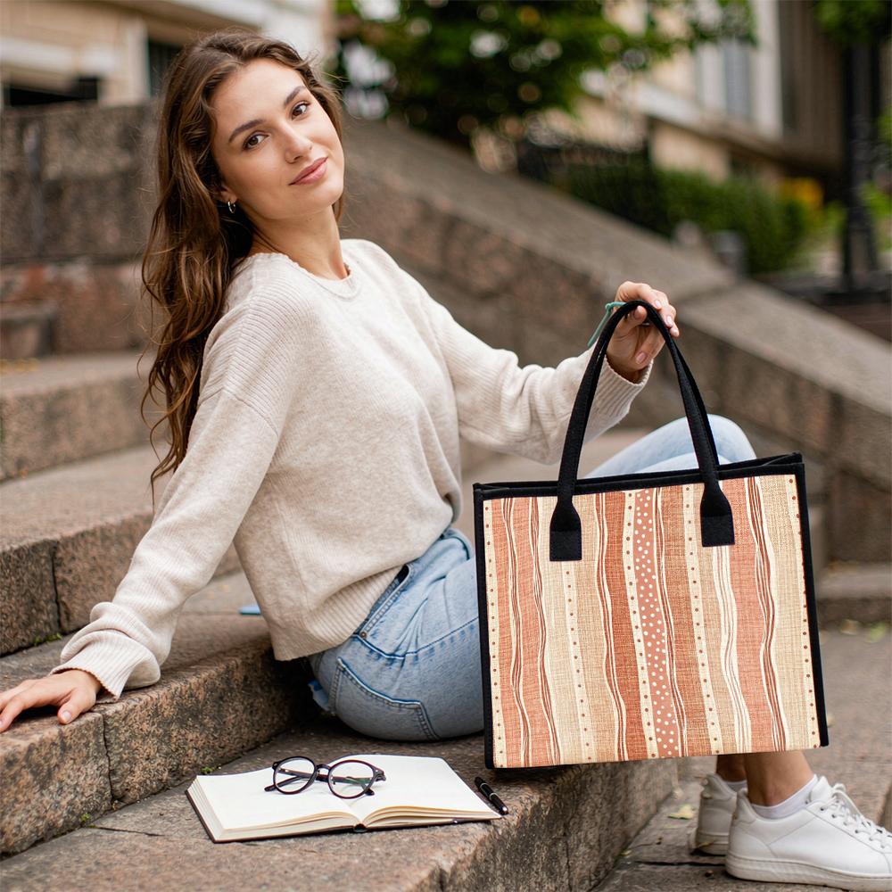 Boho Striped Tote Bag Casual Daily Shoulder Handbag for Shopping Travel Outdoor Use