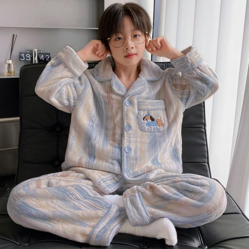 Boys Warm Coral Fleece Pajama Set Long Sleeve Thickened Home Wear Kids Winter