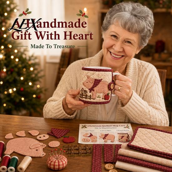 Beginner Sewing Project Farmhouse Friends Mug Cozy Kit, DIY Animal Cup Sleeve Craft, Handmade Coffee Wrap with Festive Patterns, Quilting Kit