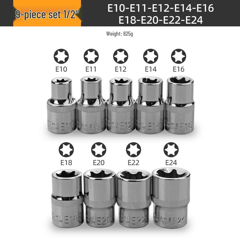 E-Type Star Socket Set: Large, Medium, Small Flower Head Sleeves for Auto Repair (E8, E10, E14, E20, E22)