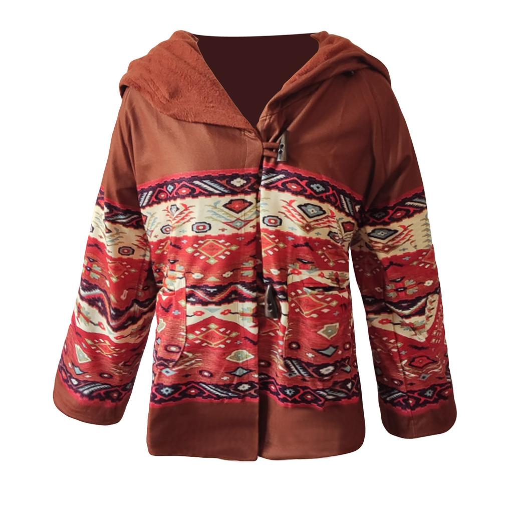 Women's Casual Retro Printed Long Sleeve Hooded Jacket Coat  Button Coat