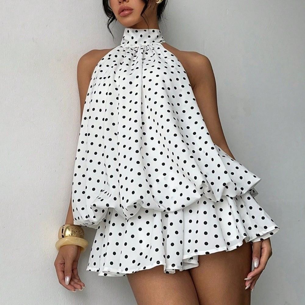 Sleeveless A Line Halter Dress Off Shoulder Chiffon Dress Elegant Polka Dot Dress Holiday