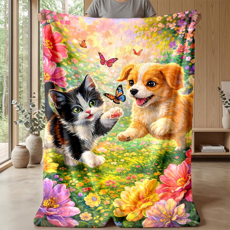 Kitten and Butterfly Theme blanket Lightweight Warm Flannel Blanket Decorative Throw Blanket for Home Decoration