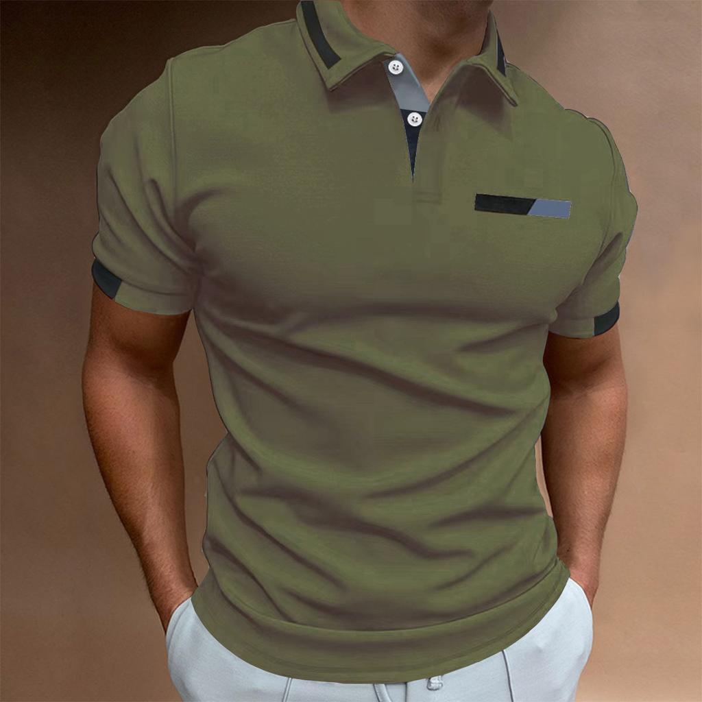 New Men's Short-Sleeved Casual Polo Shirt with Imitation Chest Pocket, Collar and Button-Front Business T-Shirt Top for Men