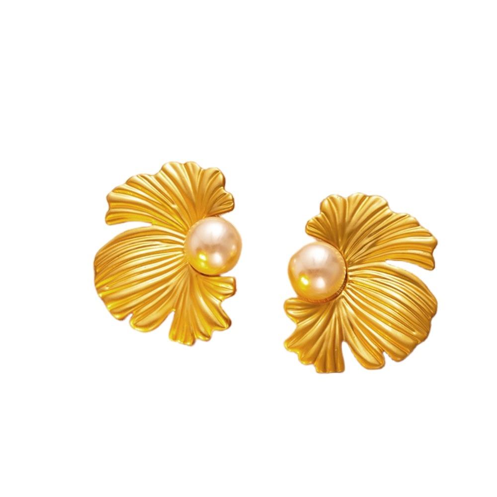 Textured Pearl Ear Studs Elegant Flower Earrings Jewelry Creative Ginkgo Leaf Earrings Party