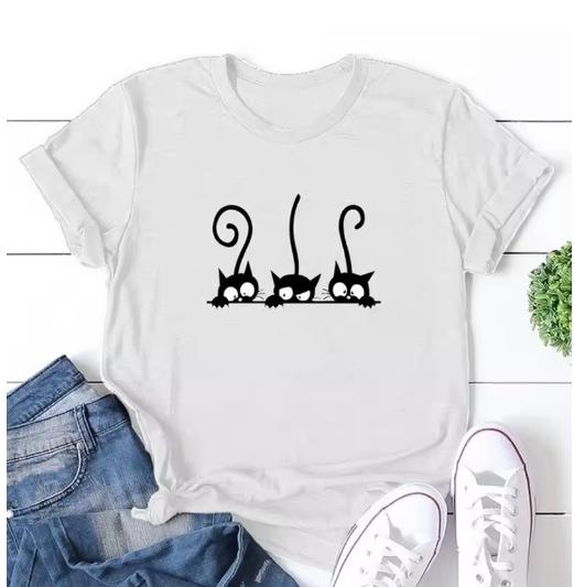 Funny Black Cat Print Tshirt for Women Casual White Top Harajuku Tees Female 90s Clothes Couples Clothing