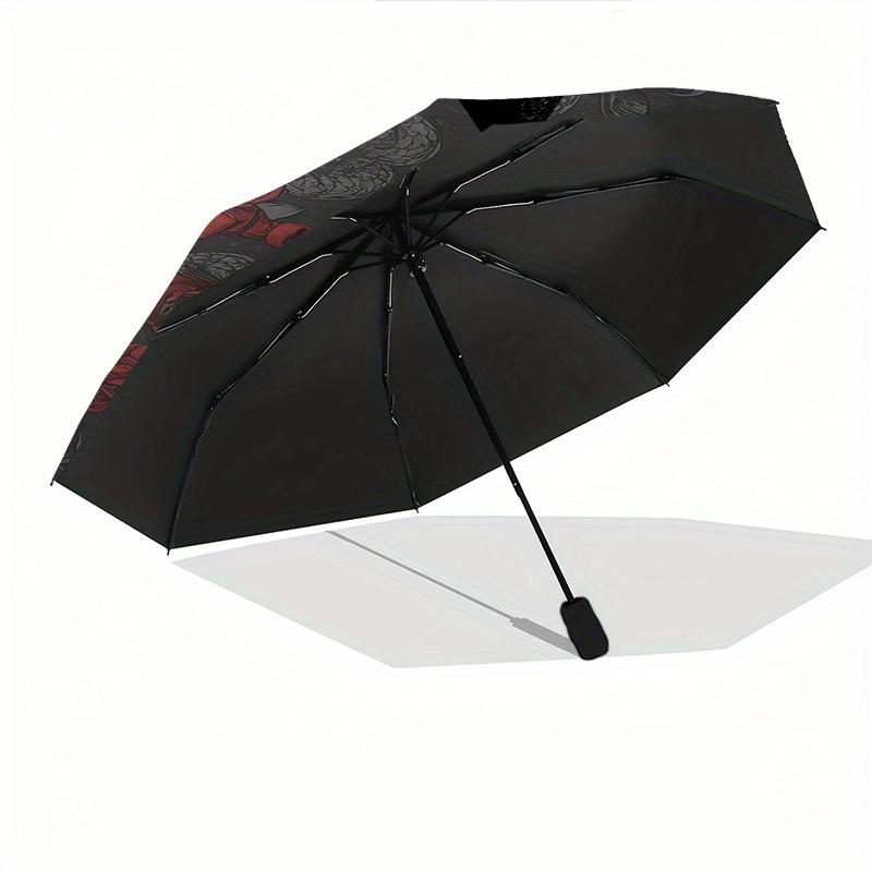 Skull Roses Automatic Folding Umbrella 8 Ribs, Durable Iron Frame, Bright Color Pattern Compact Travel Umbrella, Suitable for Outdoor, Beac