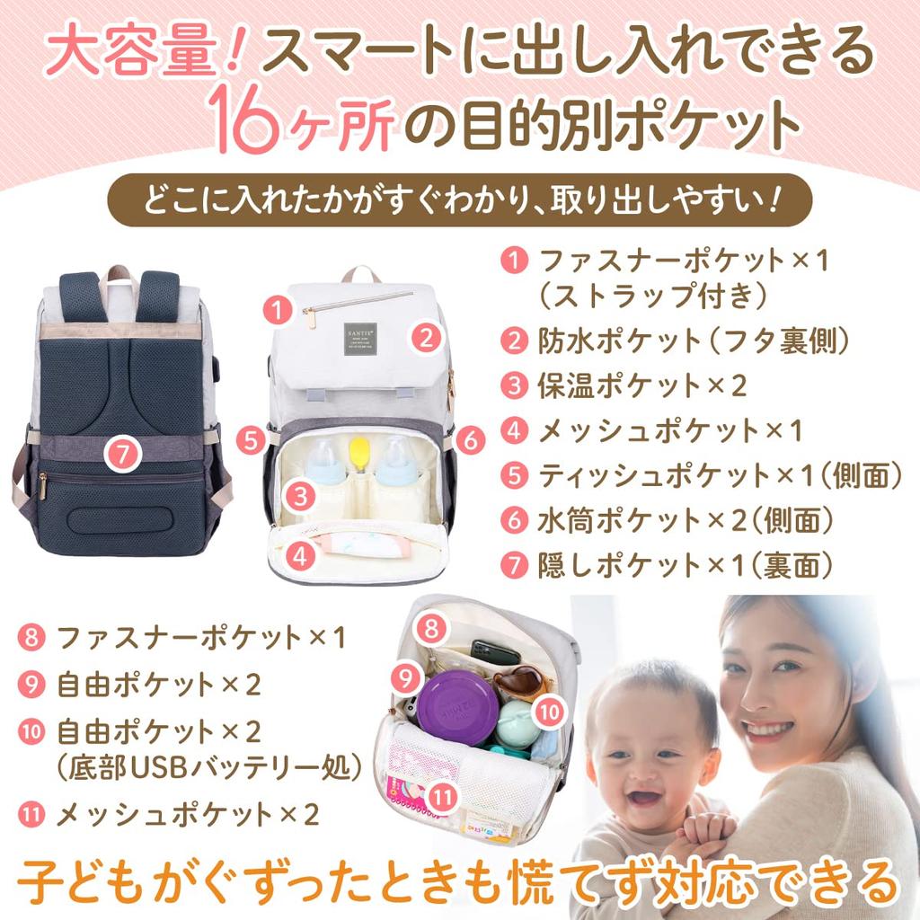 Рюкзак для мамы Santie, Большая вместимость, 16 карманов, Легкий, Многофункциональный, Подарок для ребенка, Комфортные прогулки (Серый/черный)