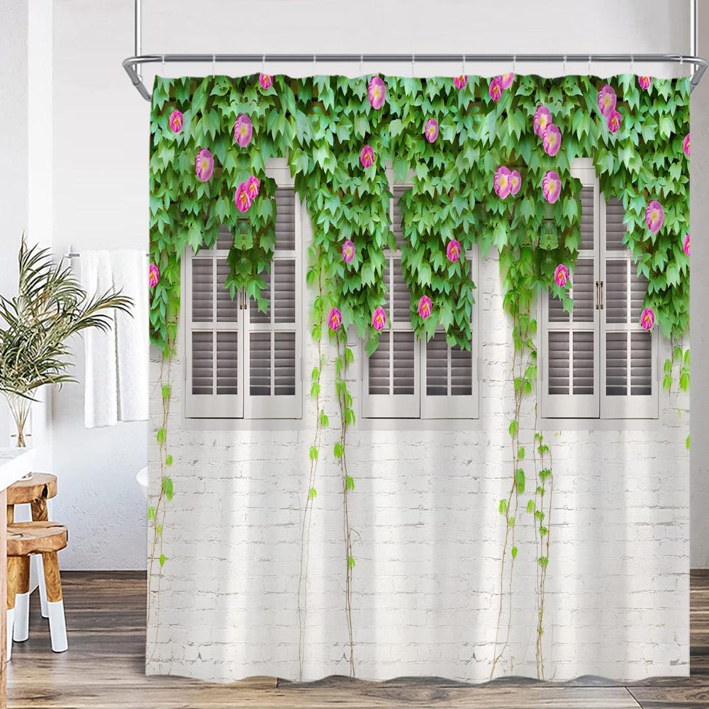 Green Vines Brick Wall Shower Curtain Pink Flowers European Garden Arch Door Bathroom Decorations Vintage Bath Curtain with Hook