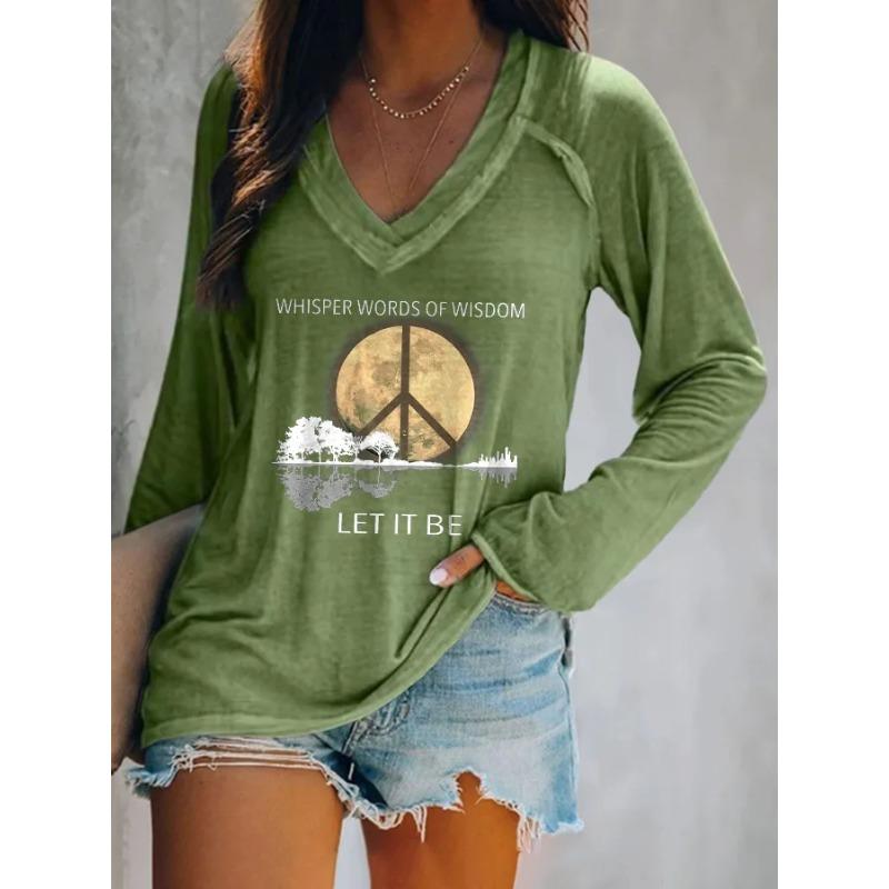 Ilstile Women's Hippie Style Print T-Shirts  Long Sleeve V Neck Tops Casual Loose Tees Fashion Female Clothing