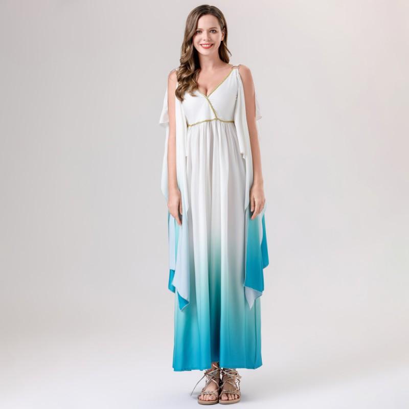 Elegant Egyptian Greek Goddess Costume Dress Women Halloween Party Cosplay Outfit White Blue