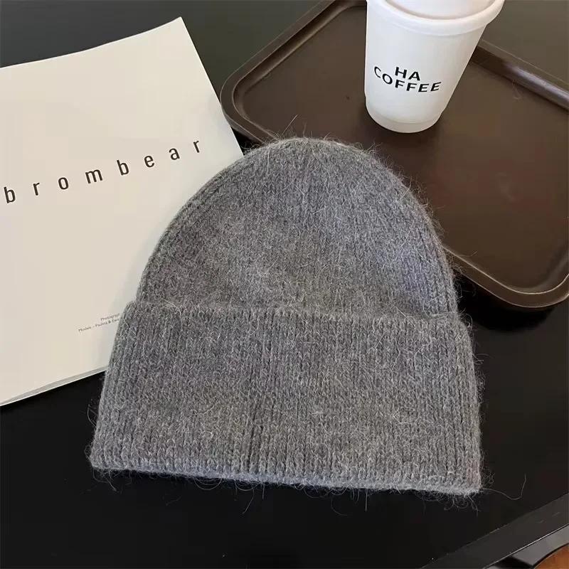 2024 Ангорская вязаная зимняя шапка для женщин из меха кролика, пушистые вязаные шапки, корейская роскошная шапка для женщин, мягкие теплые шапки Skullies