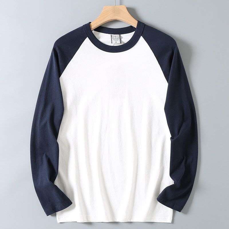 Style Pure Cotton Fashion Brushed Long Sleeve Spring and Autumn Bottoming Shirt Men's Solid Color Patchwork Raglan Sleeve Couple round Neck T-shirt