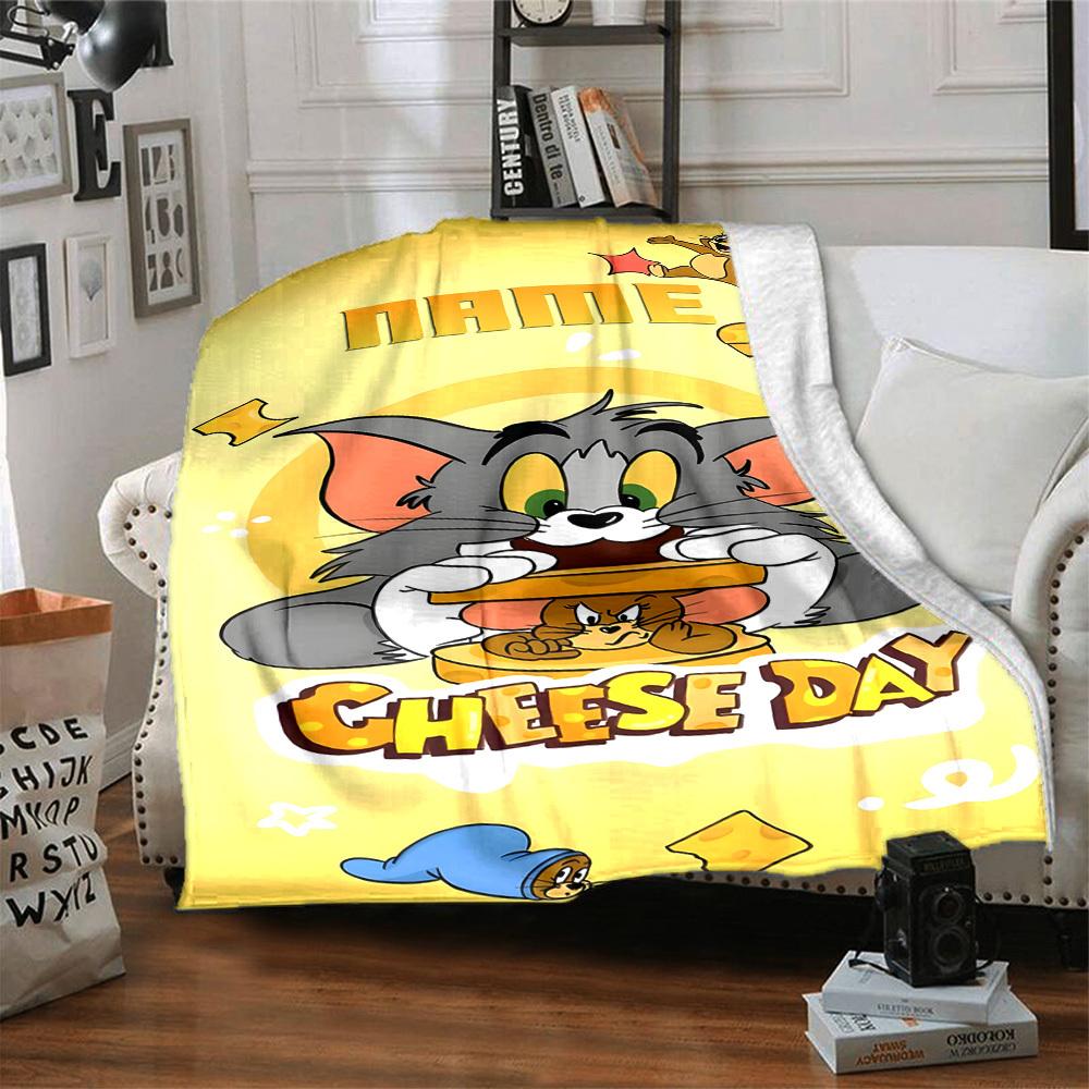 Tom And Jerry Celebrating Cheese Day With Playful Antics And Cheese Pieces Scattered Around Lightweight Customizable Blanket Personalized Text