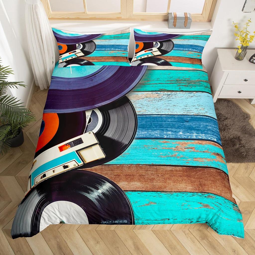 Cartoon Black Record Duvet Cover Set Retro Record Comforter Cover for Boy Girl Music Theme Bedding Set Queen King Duvet Covers