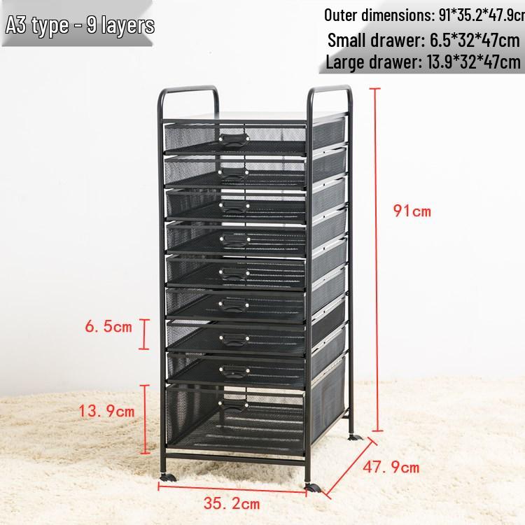 Wrought Iron A4 File Rack with Drawers - Under-Desk Document Storage Cabinet & A3 Classification Organizer