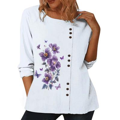 Женский модный хлопковый топ со стильным принтом, круглым вырезом и длинными рукавами