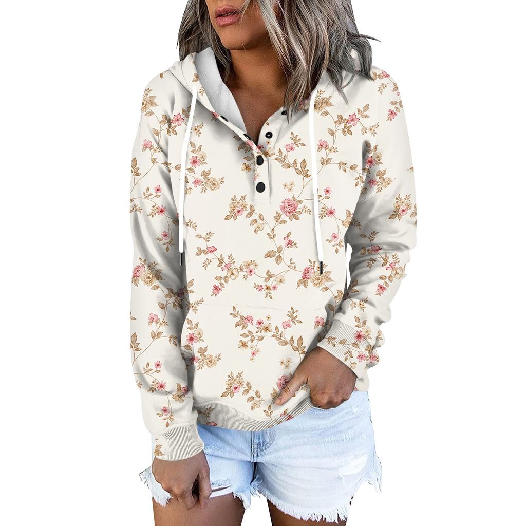 Women's Fashion Slim Fit Long Sleeve Floral Print Hooded Sweatshirt Top