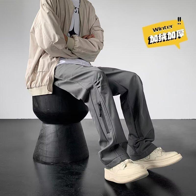 Forward Men's Winter Plus Velvet Thickened Warm Zipper Waterproof Hiking Pants Loose Straight Casual Trousers