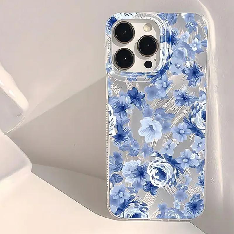 Модный Синий Искрящийся Чехол с Цветочным Узором для iPhone 16 16E 15 14 13 12 11 Pro Max 7 8 14 15 Plus X XR XS SE2