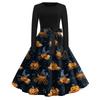 Women's Casual Halloween Print Retro Dress Long Sleeve Round Neck Vintage Style Midi Dress with Belt and Flared Skirt Suitable for Seasonal Wear
