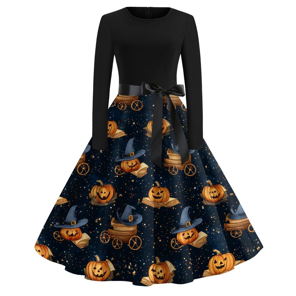 Women's Casual Halloween Print Retro Dress Long Sleeve Round Neck Vintage Style Midi Dress with Belt and Flared Skirt Suitable for Seasonal Wear