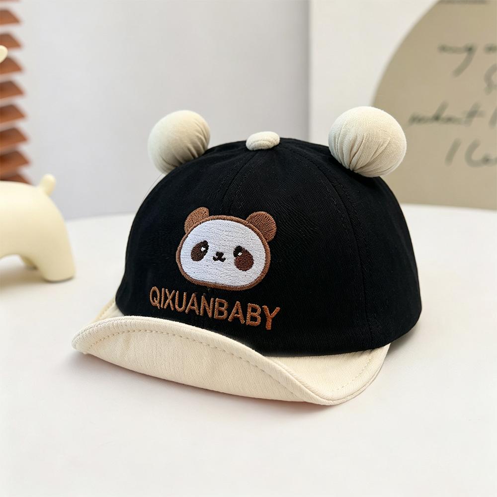 Children's double-round ball ears panda embroidery soft brim baseball cap, retro , suitable for daily school use