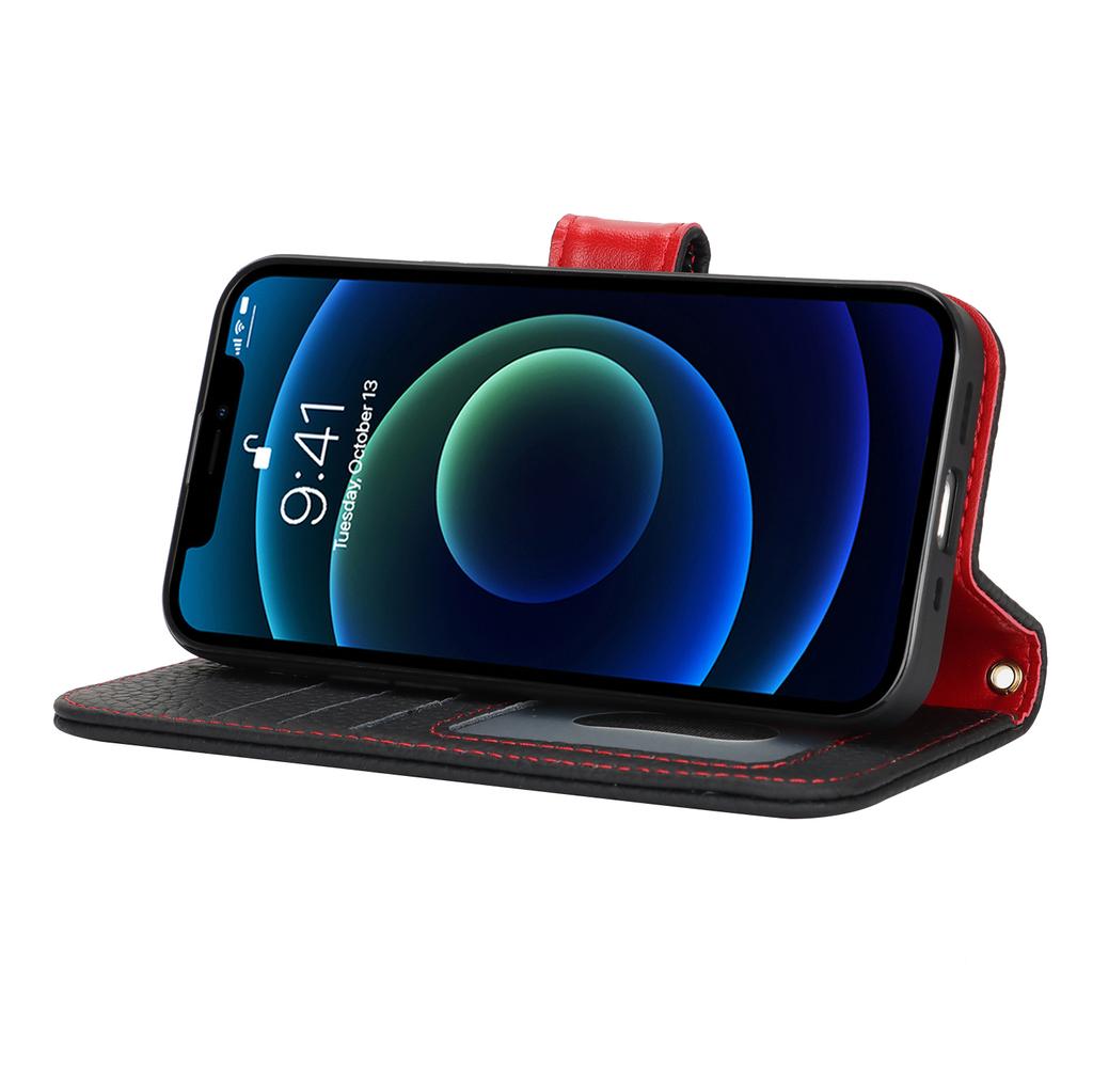 For iPhone 13 mini Stand Case Litchi Texture Genuine Cow Leather Wallet Phone Cover RFID Blocking